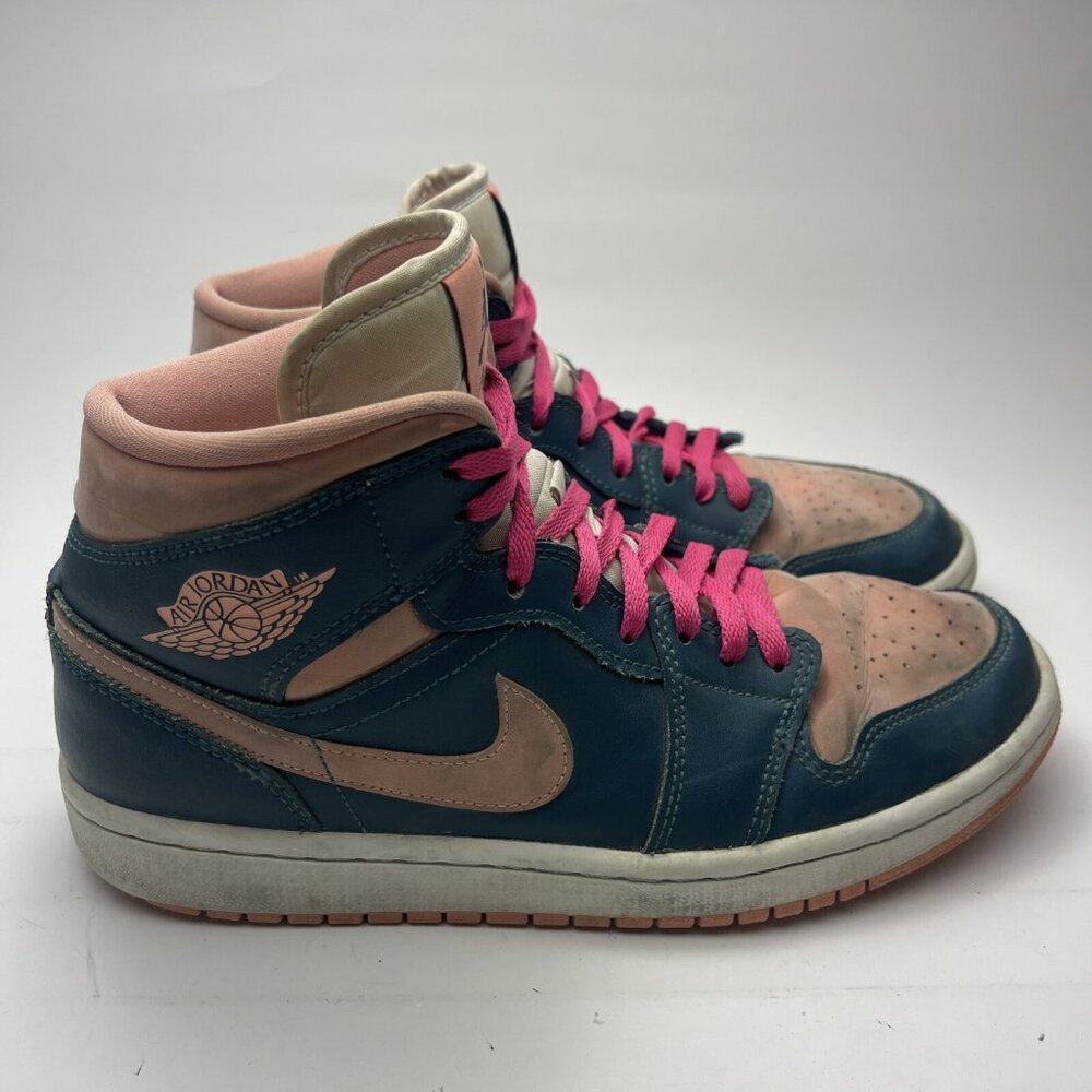 Wmns Air Jordan 1 Mid Dark Teal Green BQ6472-308 Womens 9 (Pink laces, read)
